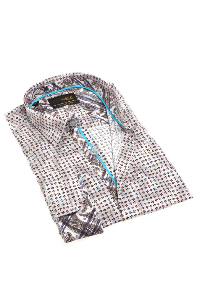 Button Down Print Shirt W/ Paisley Trim Long Sleeve Button Down EightX GREY S 