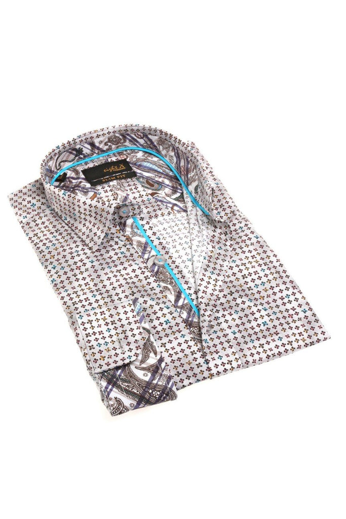 Button Down Print Shirt W/ Paisley Trim Long Sleeve Button Down EightX   