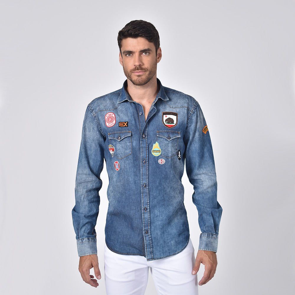 Denim California Patch Button Down Shirt Long Sleeve Button Down Eight-X   