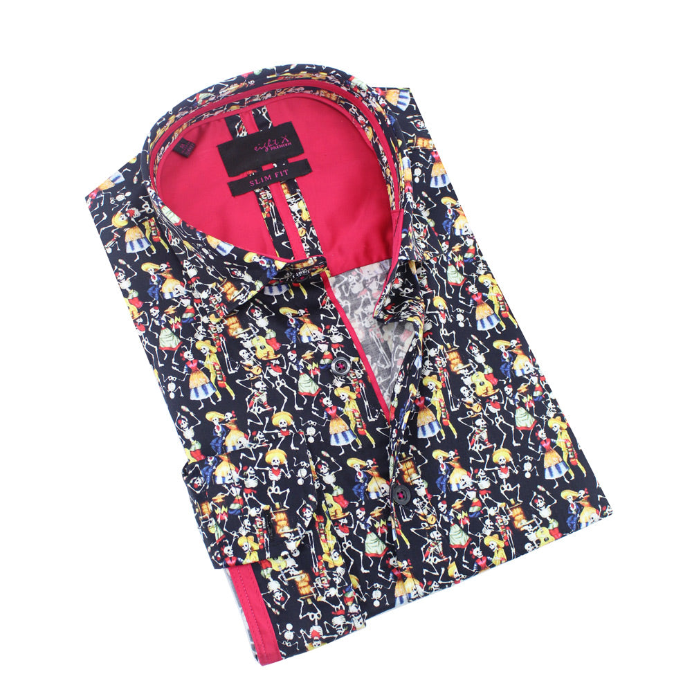 Dancing Day of The Dead Button Down Shirt Long Sleeve Button Down Eight-X BLACK S 