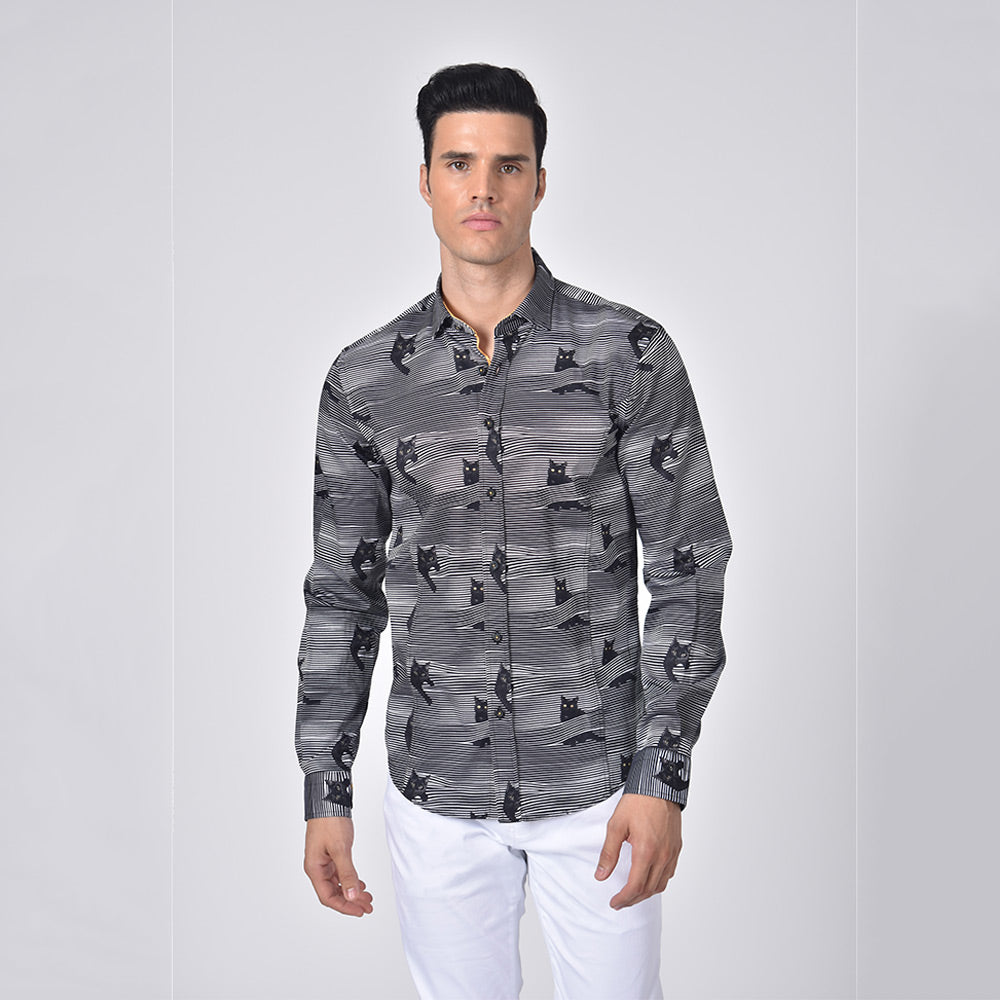 Spying Cats Print Button Down Shirt Long Sleeve Button Down Eight-X   