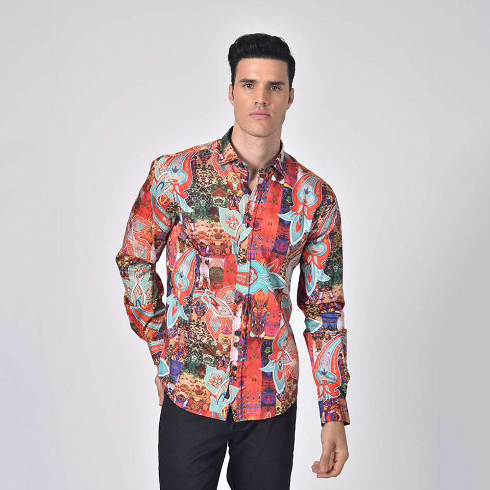 Bali Inspired Print Button Down Shirt Long Sleeve Button Down Eight-X   