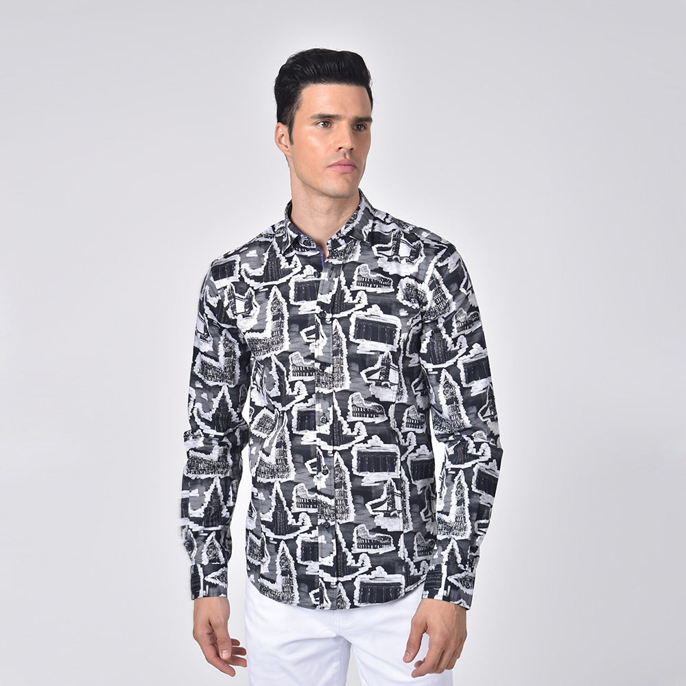 Historical Monuments Print Button Down Shirt Long Sleeve Button Down Eight-X   