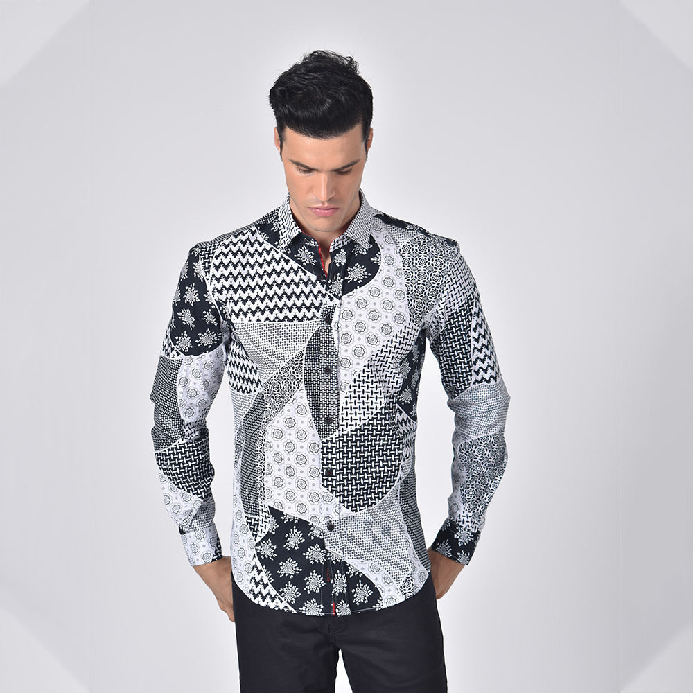 Monochrome Retro Patchwork Button Down Shirt Long Sleeve Button Down Eight-X   