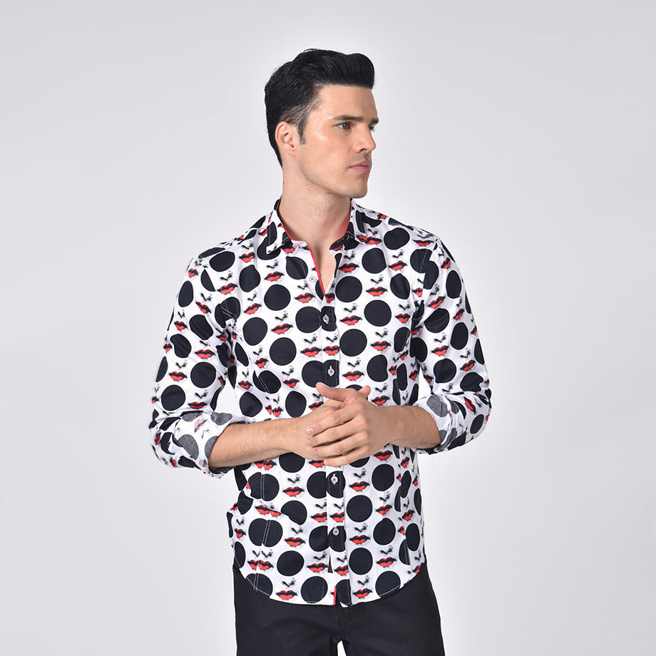 Red and black polka dot shirt on sale
