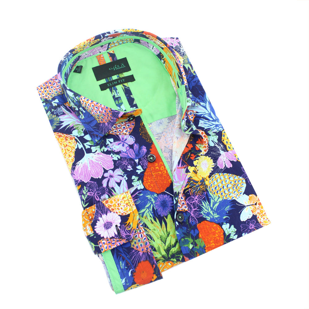 Neon Pineapples on a Bed of Flowers Button Down Shirt Long Sleeve Button Down Eight-X MULTI S 