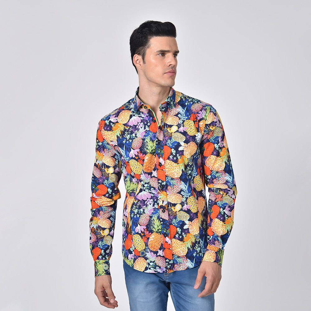 Neon Pineapples on a Bed of Flowers Button Down Shirt Long Sleeve Button Down Eight-X   