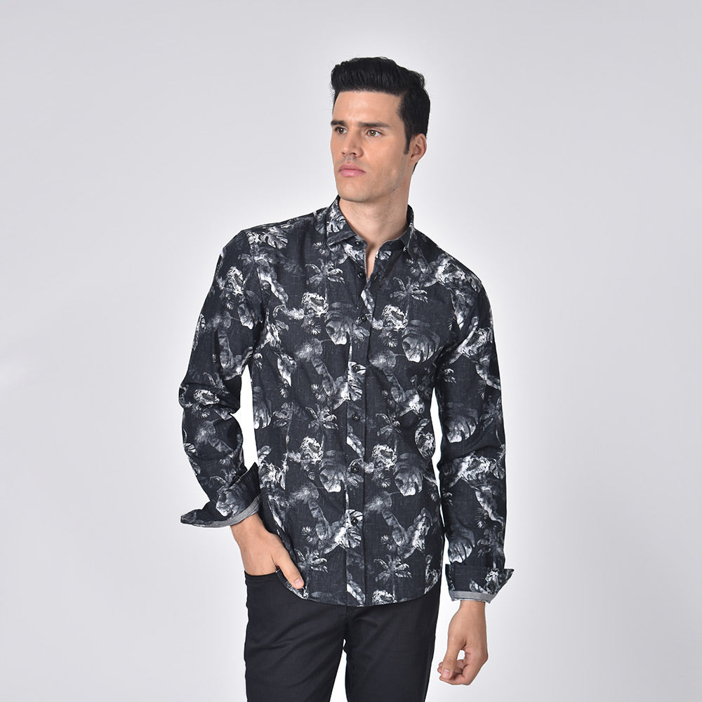 Silver Palms and Flowers Button Down Shirt Long Sleeve Button Down Eight-X   