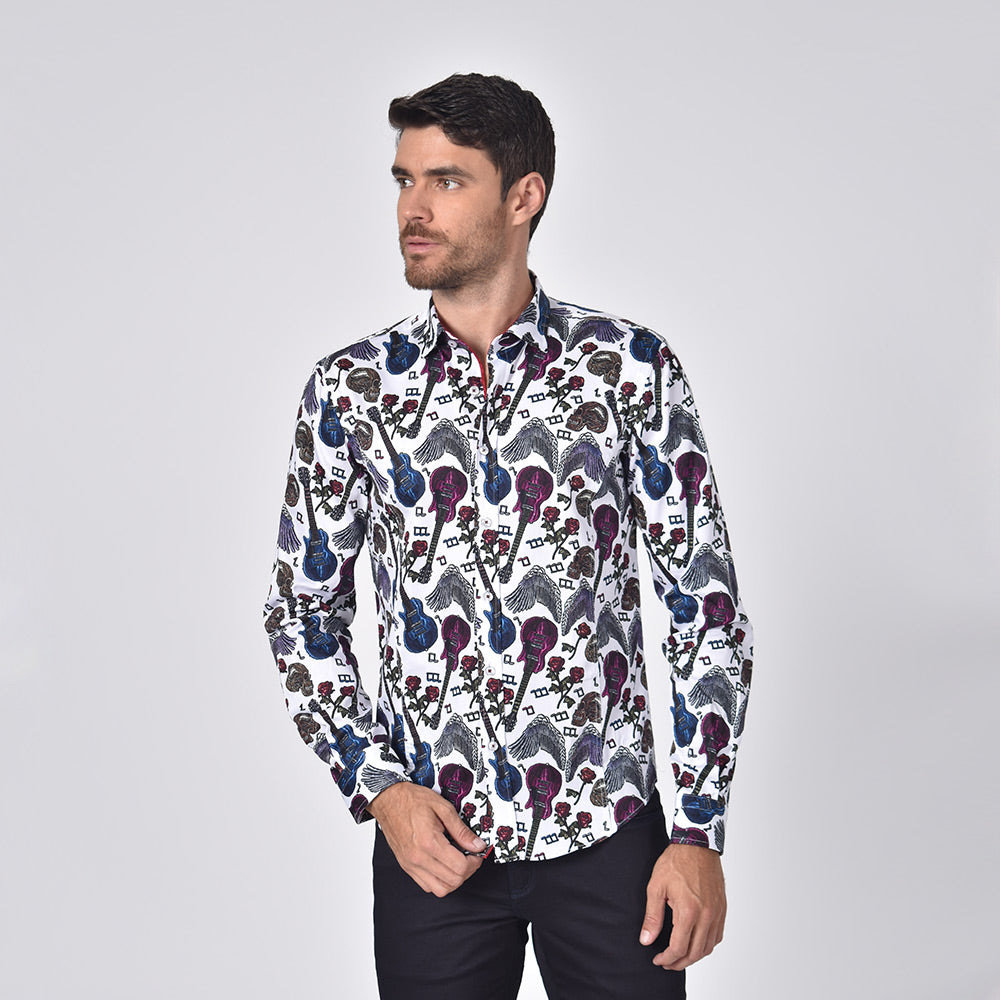 Skulls and Roses Rock'n'Roll Button Down Shirt Long Sleeve Button Down Eight-X   