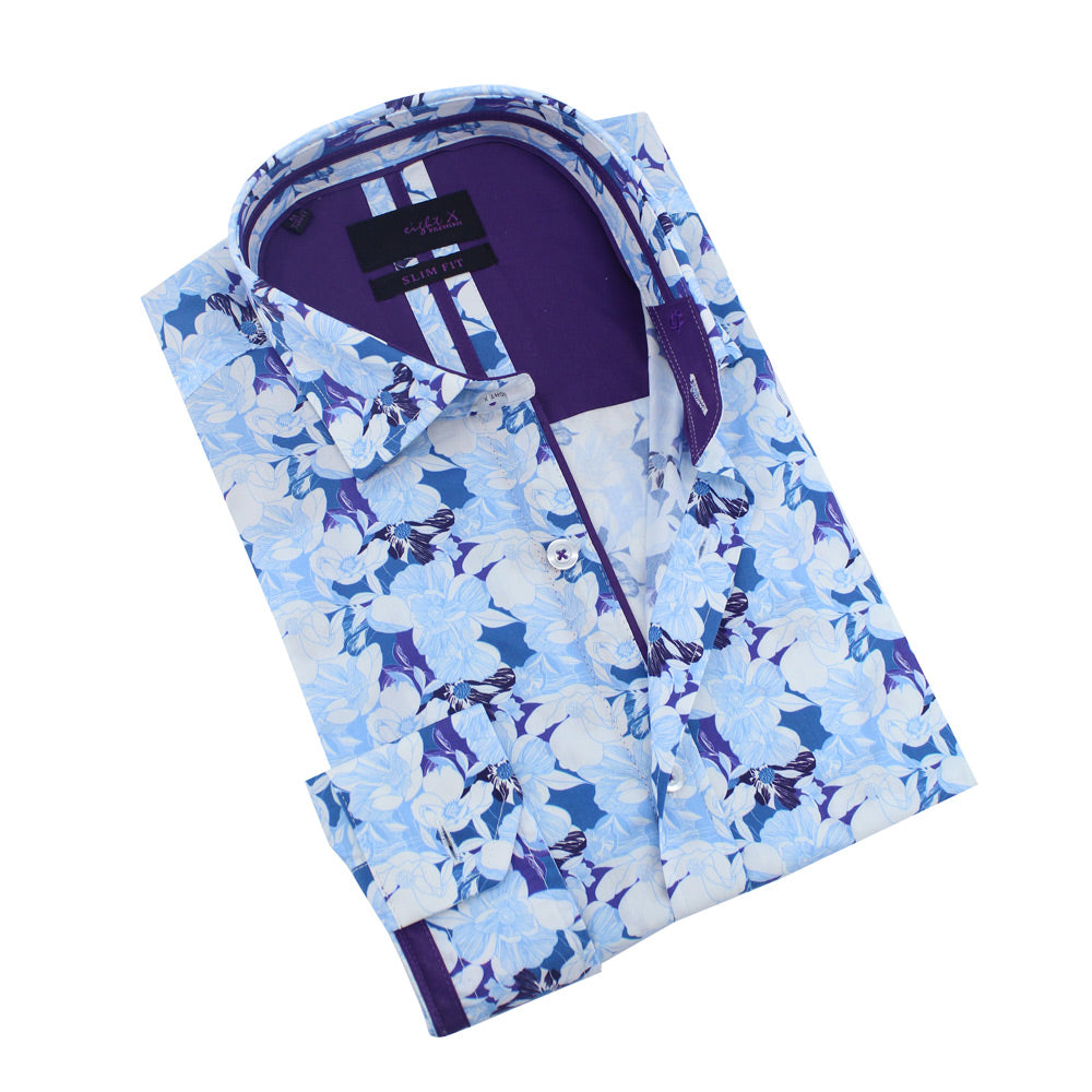 Men's slim fit button up collar light blue and purple colored desert rose print dress shirt with purple trim