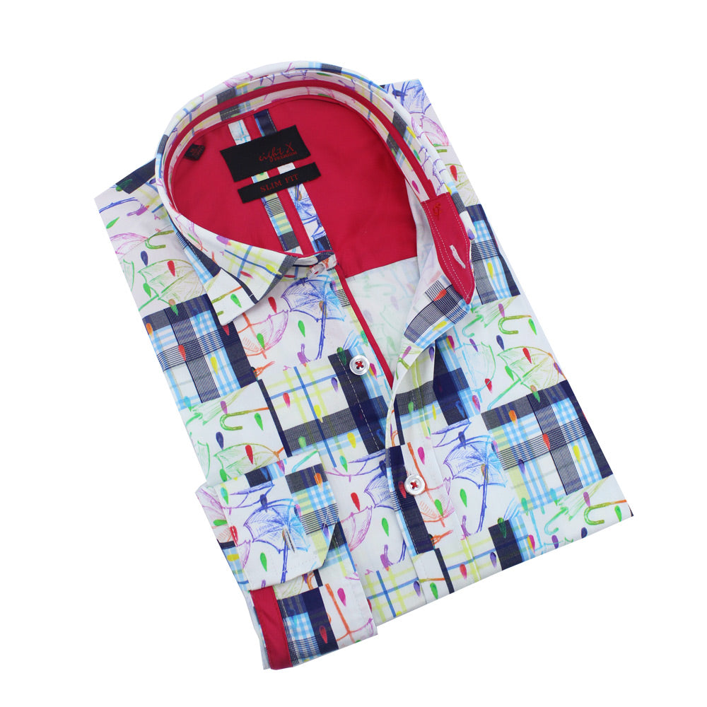 Men's slim fit  white button up collar mutli colored umbrella and plaid print dress shirt with red trim