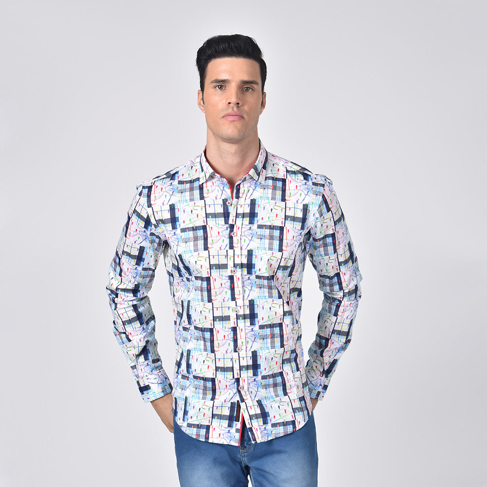 Umbrellas and Plaid In Colorful Rain Drops Button Down Shirt Long Sleeve Button Down Eight-X   