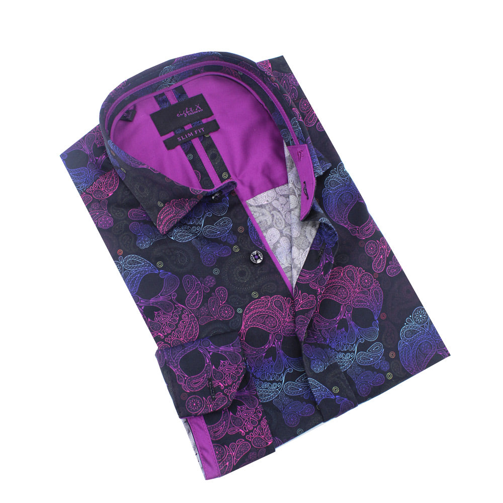 Neon Skull and Bones With Paisley Button Down Shirt Long Sleeve Button Down Eight-X NAVY S 
