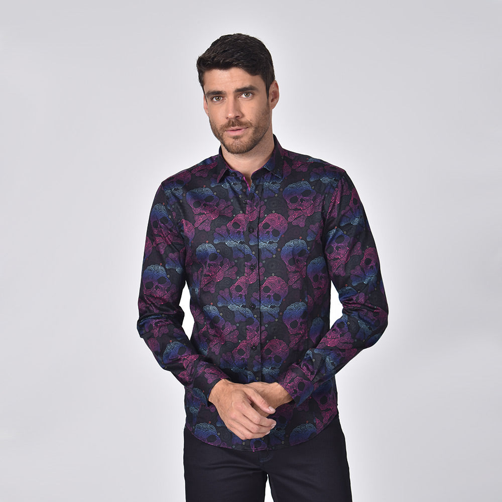 Neon Skull and Bones With Paisley Button Down Shirt Long Sleeve Button Down Eight-X   
