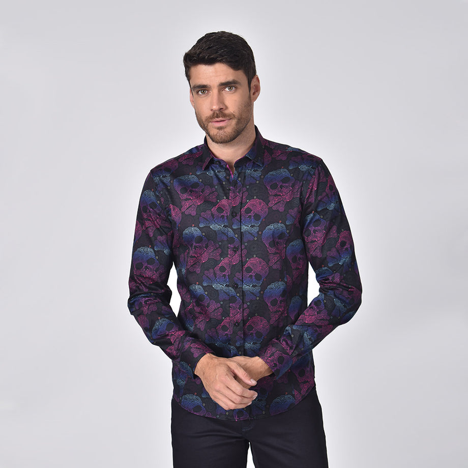 Neon Skull and Bones With Paisley Button Down Shirt – Eight-X Neon Skull and Bones With Paisley Button Down Shirt – Eight-X