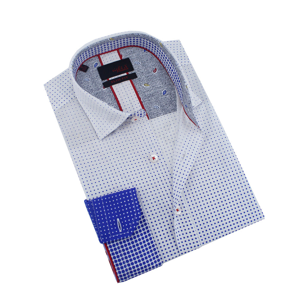 Men's slim fit white button up collar blue ombre dot print dress shirt