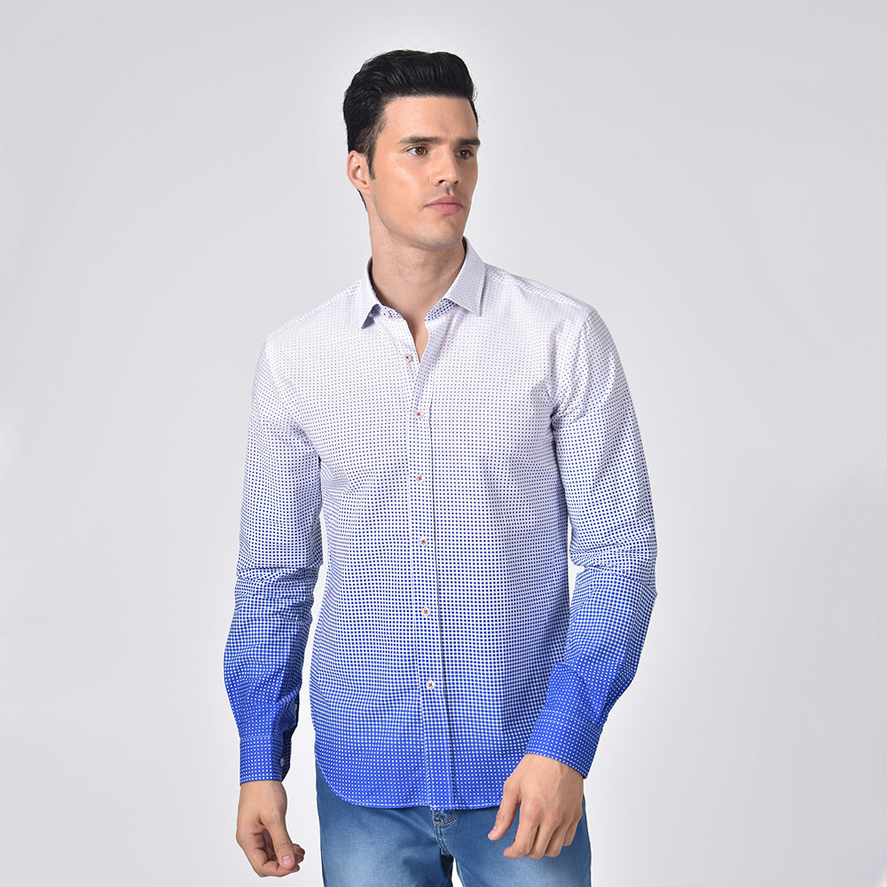 Men's slim fit white button up collar blue ombre dot print dress shirt