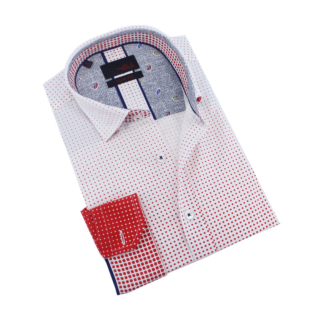Men's slim fit white button up collar red ombre dot print dress shirt