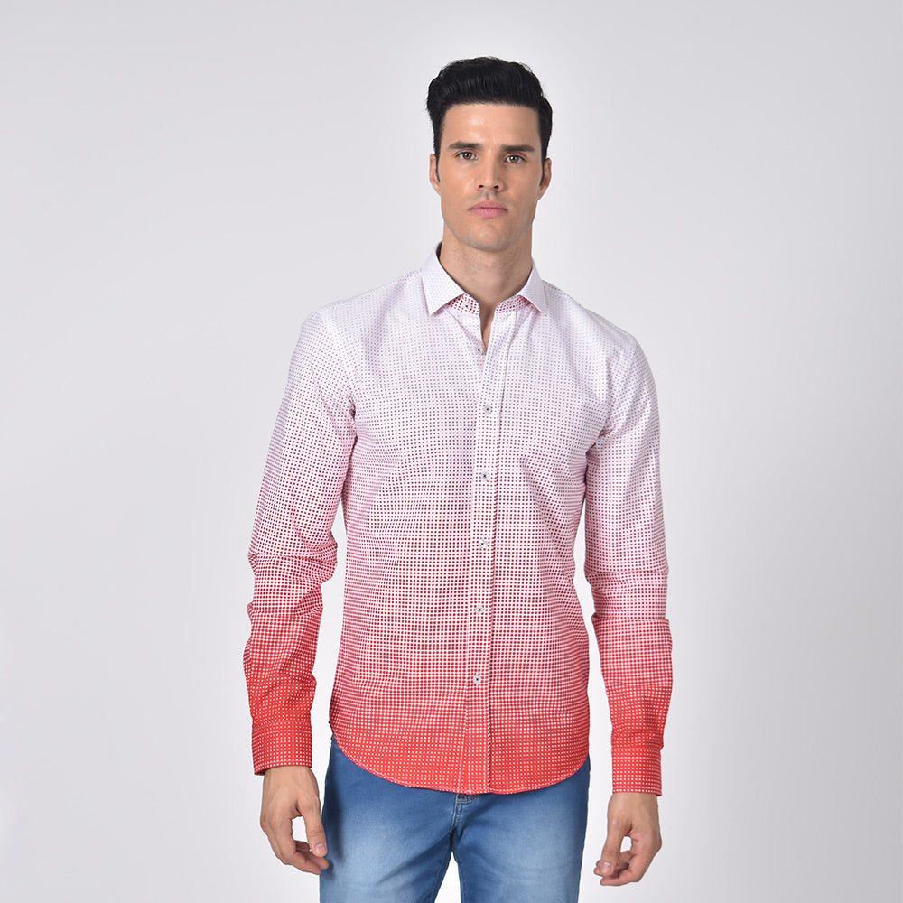Men's slim fit white button up collar red ombre dot print dress shirt