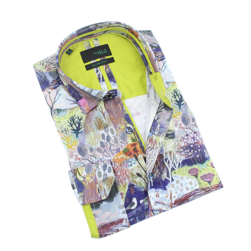 Men's slim fit  button up collar mutli colored forest print dress shirt with lime green trim