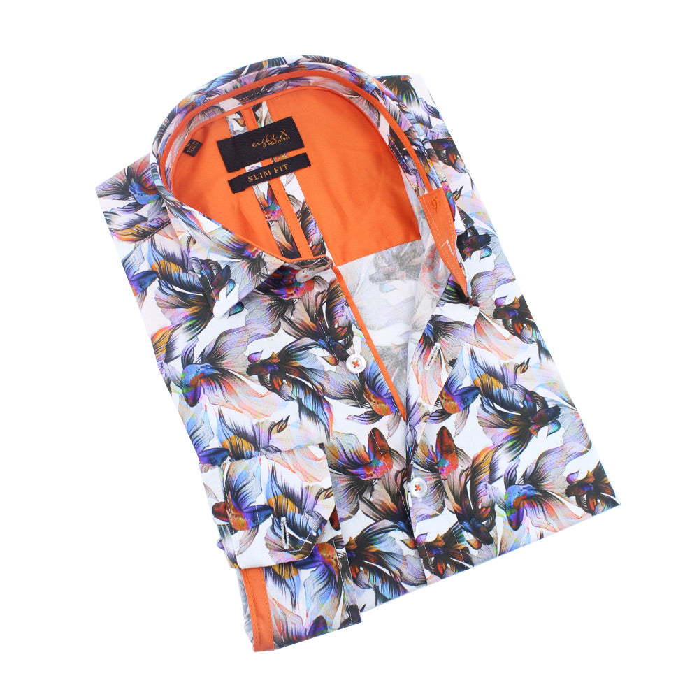 Men's slim fit white button up collar mutli colored betta fish print dress shirt wit orange trim