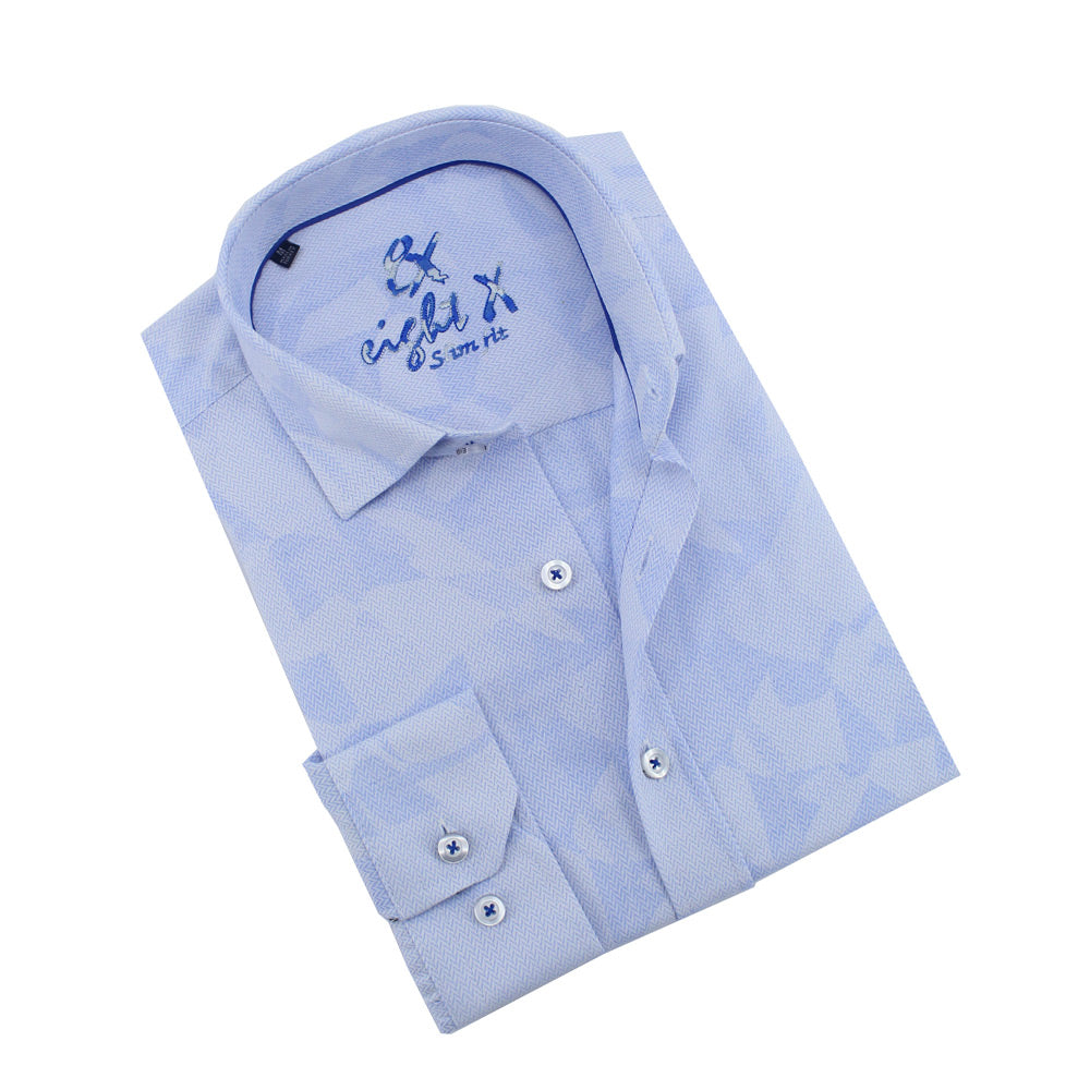Soft Blue Geo-Shapes Button Down Jacquard Shirt Long Sleeve Button Down Eight-X BLUE S 