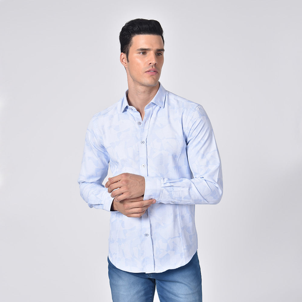 Soft Blue Geo-Shapes Button Down Jacquard Shirt Long Sleeve Button Down Eight-X   