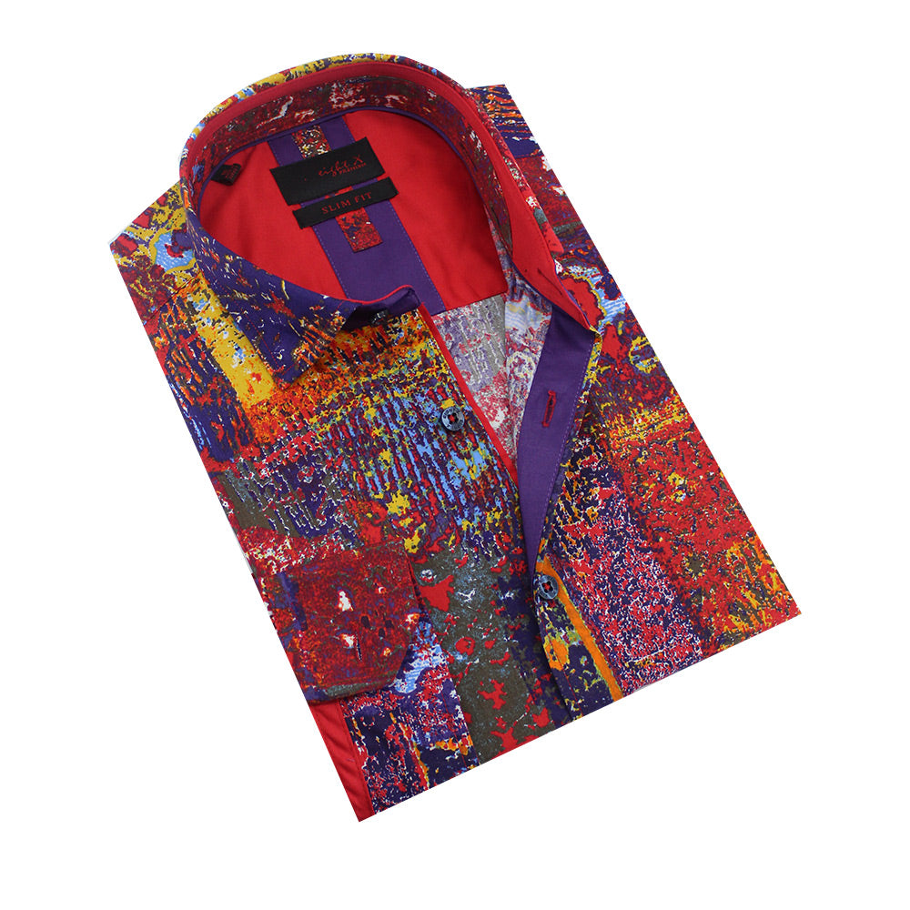 Folded red fresco print button-up with scarlet front-yoke.