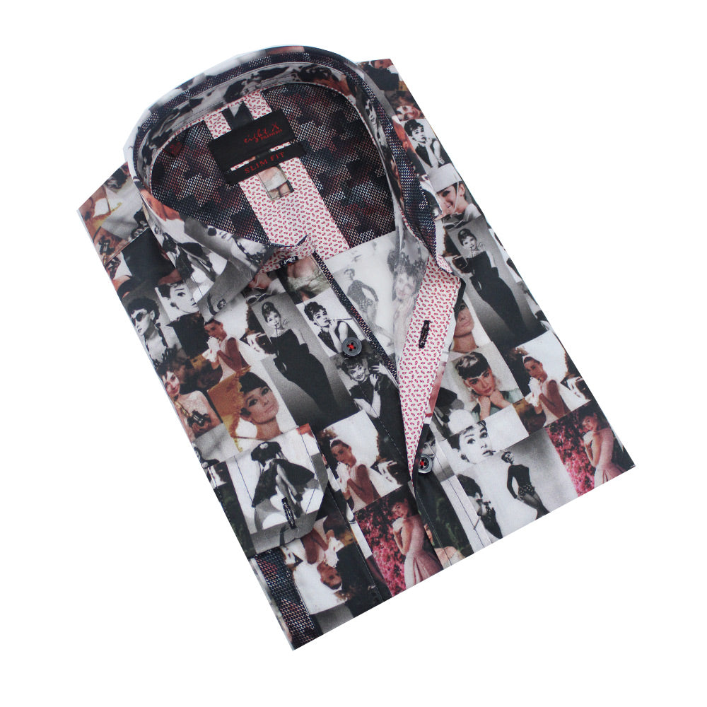 Folded button-up with Audrey Hepburn collage digital print.