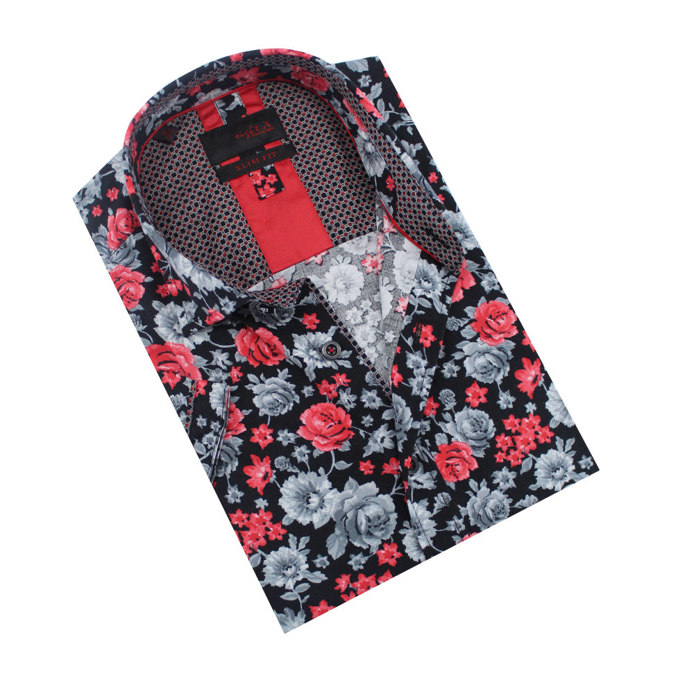 Folded, short-sleeve black button-up with red and grey floral pattern.