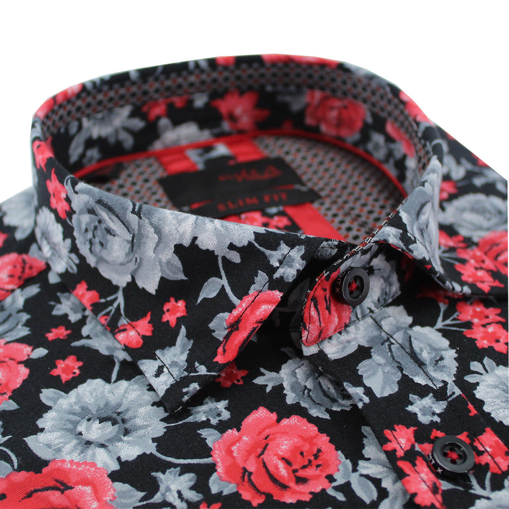 Eight-X | Designer Dress Shirts | Red Monochromatic Rose Print Shirt Black / XL Eight-X | Designer Dress Shirts | Red Monochromatic Rose Print Shirt Black / XL