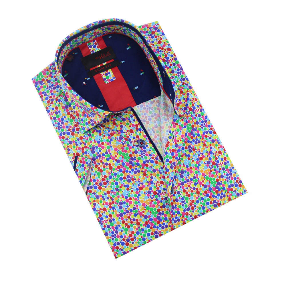 Folded, short-sleeve button up with multi-color confetti print and navy front-yoke.
