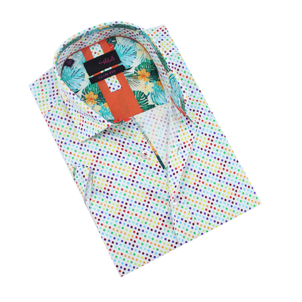 White, short-sleeve button up with multi-color small polka dot print and Hawaiian print front-yoke.