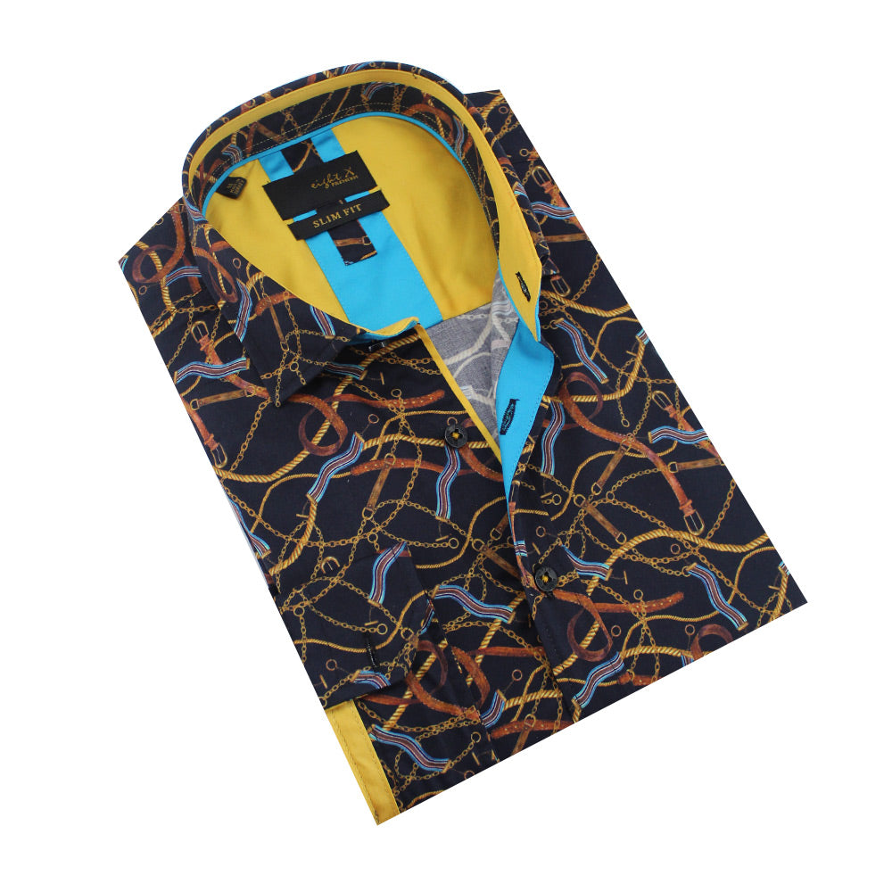 Folded black button-up with chain and strap design. Features yellow and blue trim.