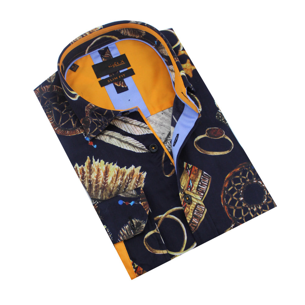 Folded black button-up with dreamcatcher print and orange front-yoke.