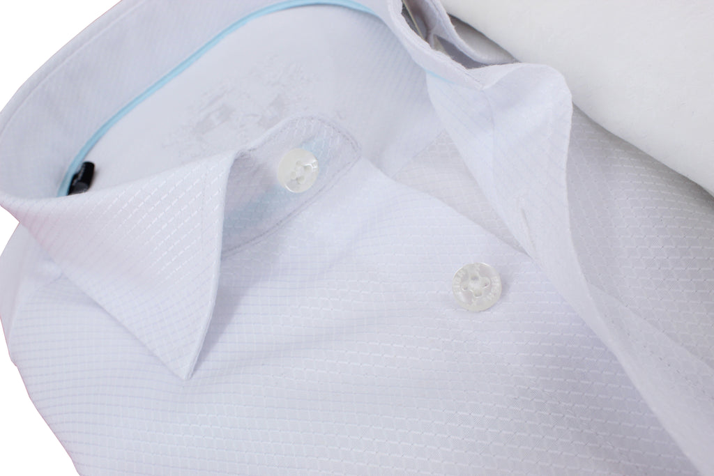 White Jacquard Shirt With Aqua Trim Long Sleeve Button Down EightX   