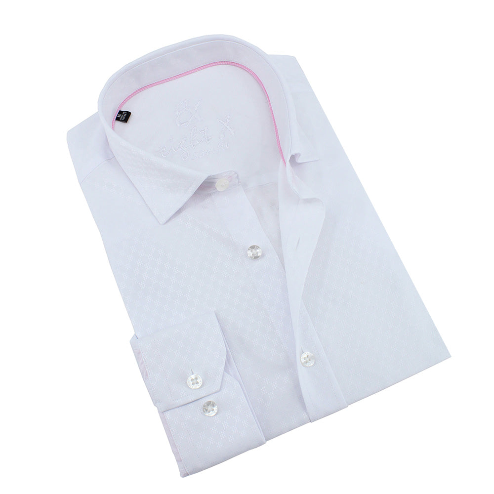 White Jacquard Shirt With Pink Trim Long Sleeve Button Down EightX WHITE S 