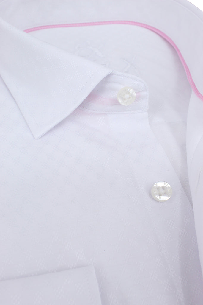 White Jacquard Shirt With Pink Trim Long Sleeve Button Down EightX   