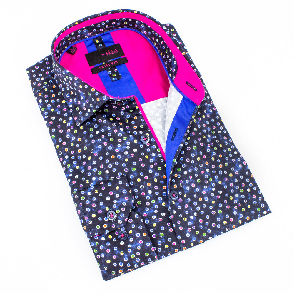Folded navy-blue button-up in multi-colored brushstroke dot print. Features royal blue and hot pink trim.
