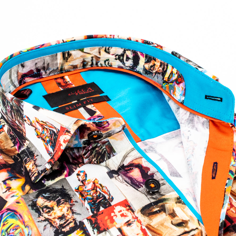 Close-up of printed collar and blue and orange trim.