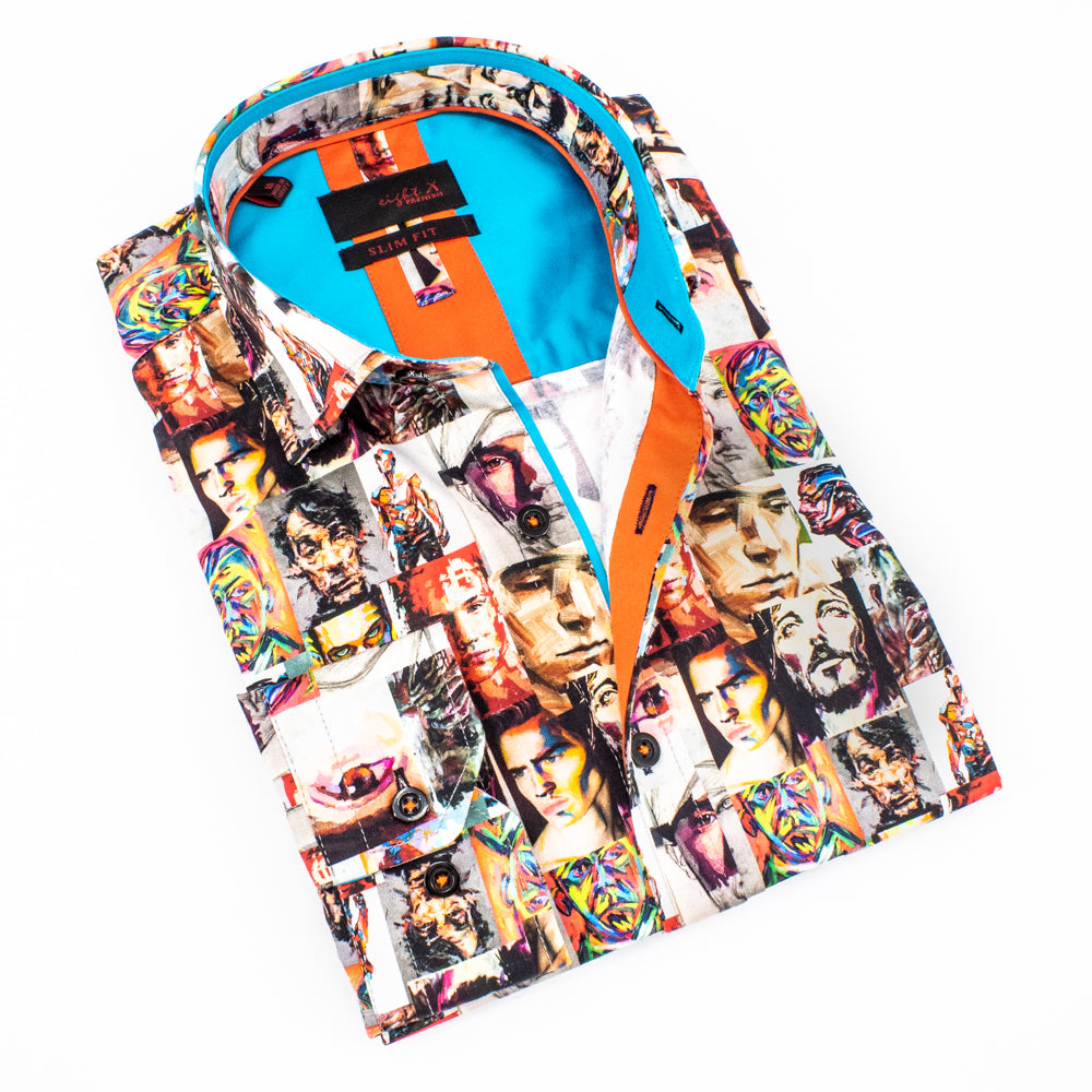 Folded button-up with digital print of painted portraits.