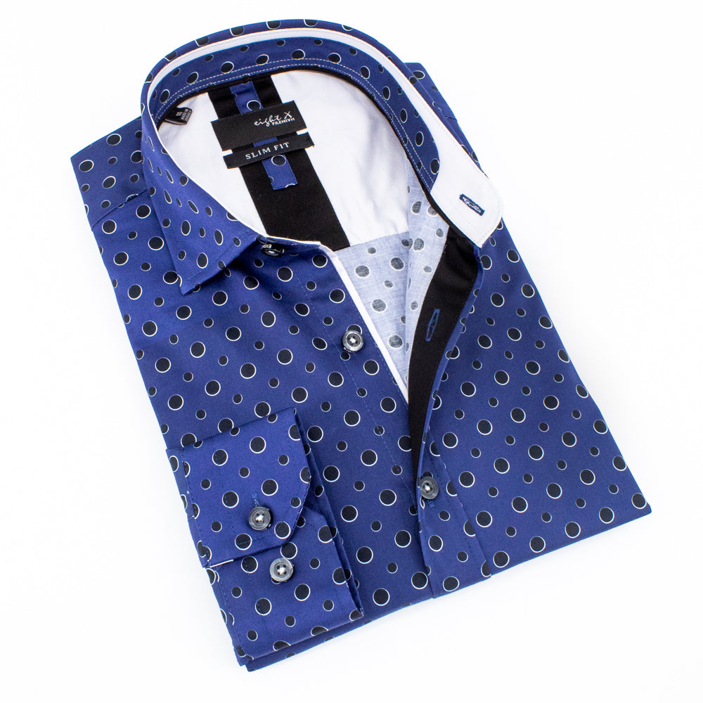 Folded navy-blue button up with black dot print.