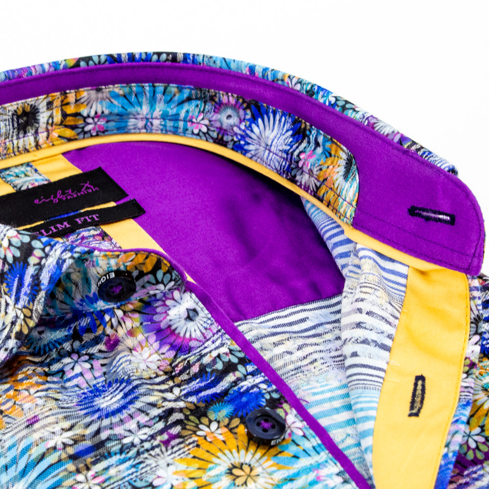 Close up of purple and mustard trim.
