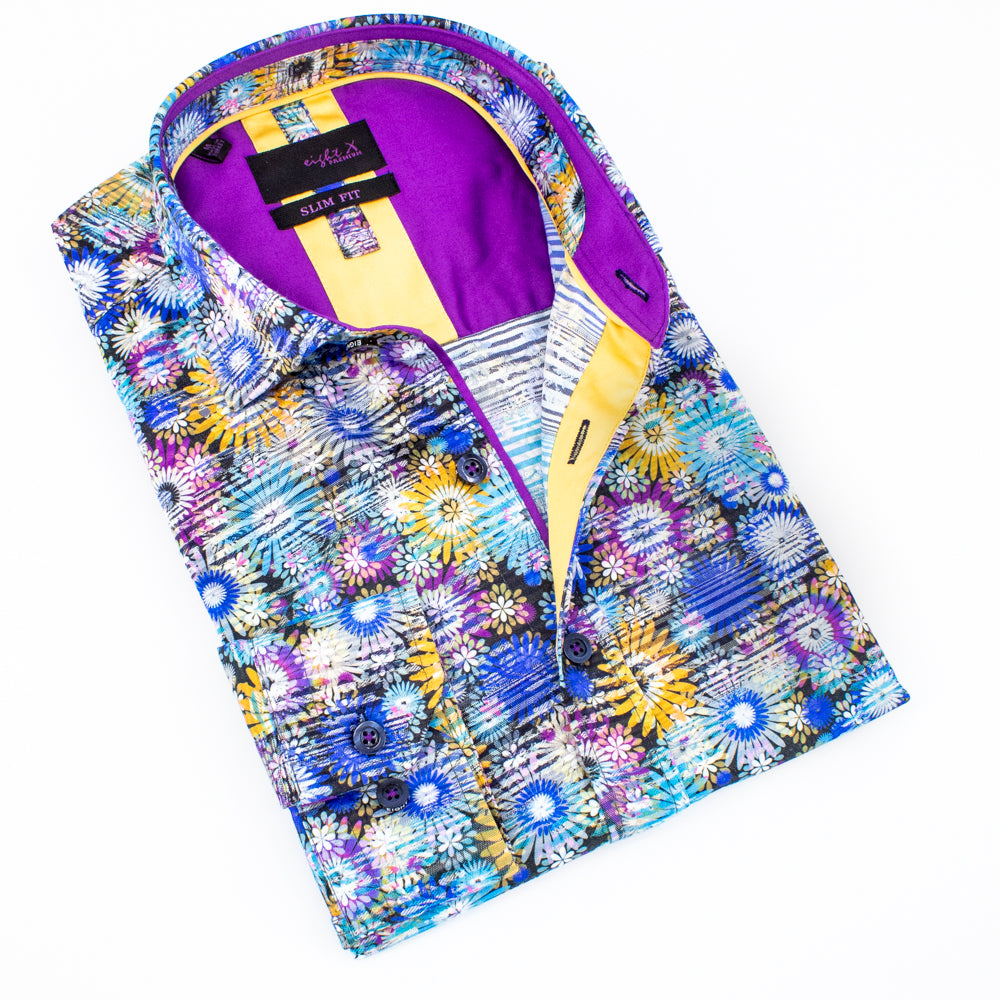 Folded button up with multi-colored digital daisy print. Features purple and mustard trim.