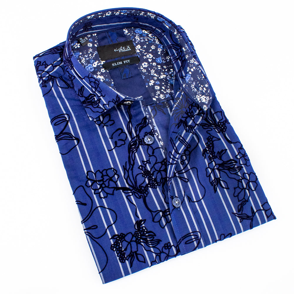 Folded short-sleeve navy blue button up with white stripes and black floral flocking.