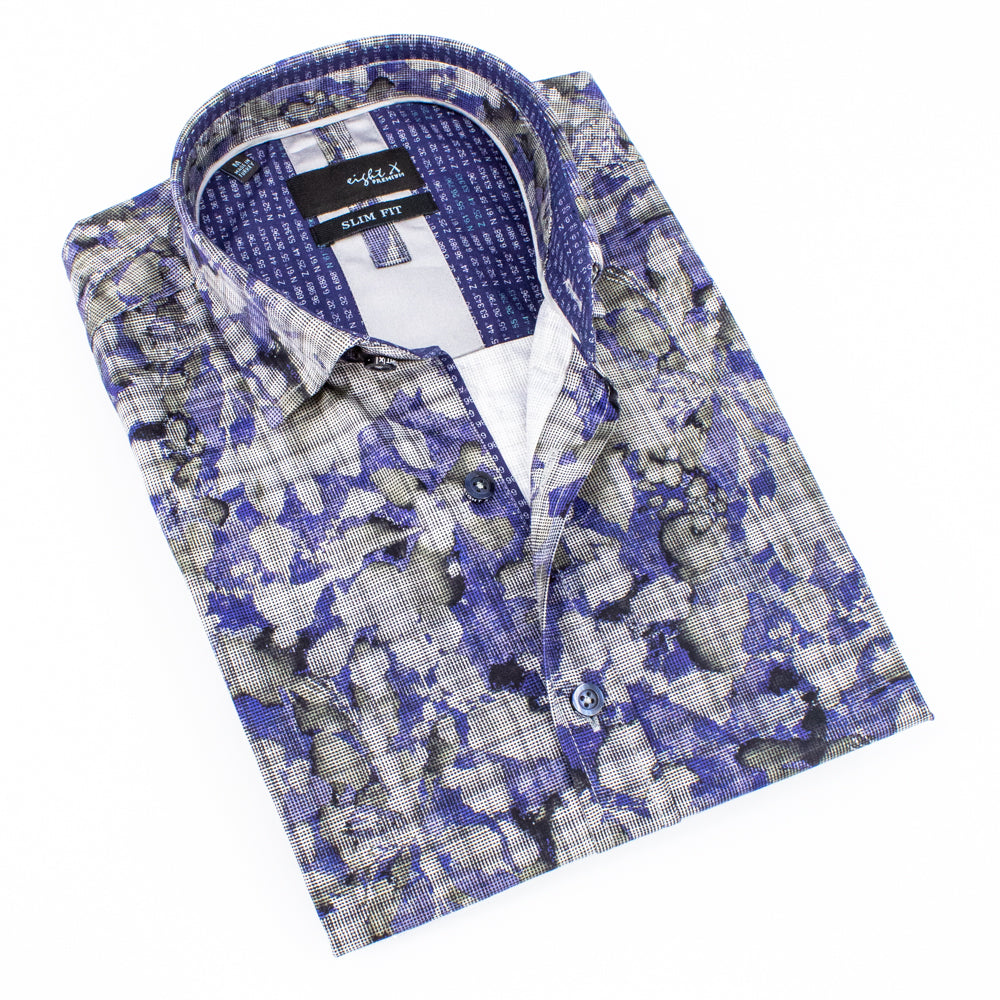 Folded button-up with abstract navy and gray digital print design.