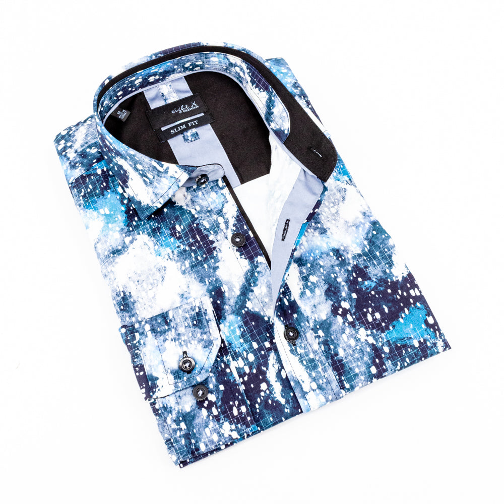 Folded button up with multi-tonal blue pattern and black trim.