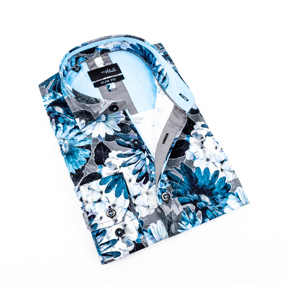 Folded gray button-up with floral blue digital print.