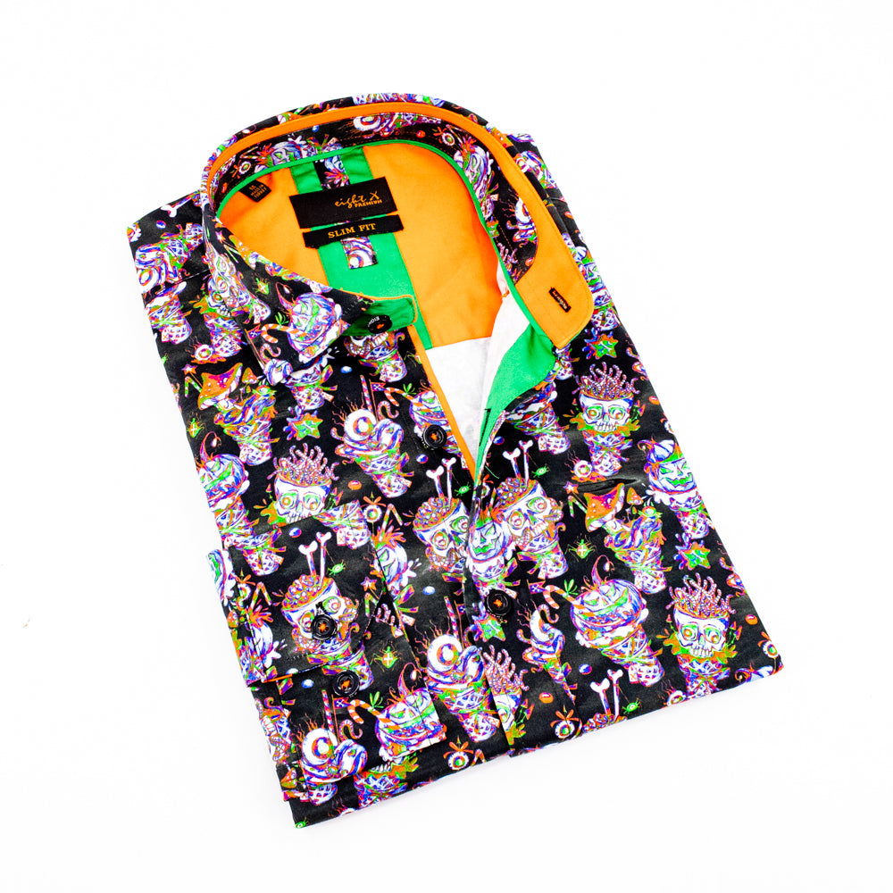 Folded black button up with festive skull print and orange trim.