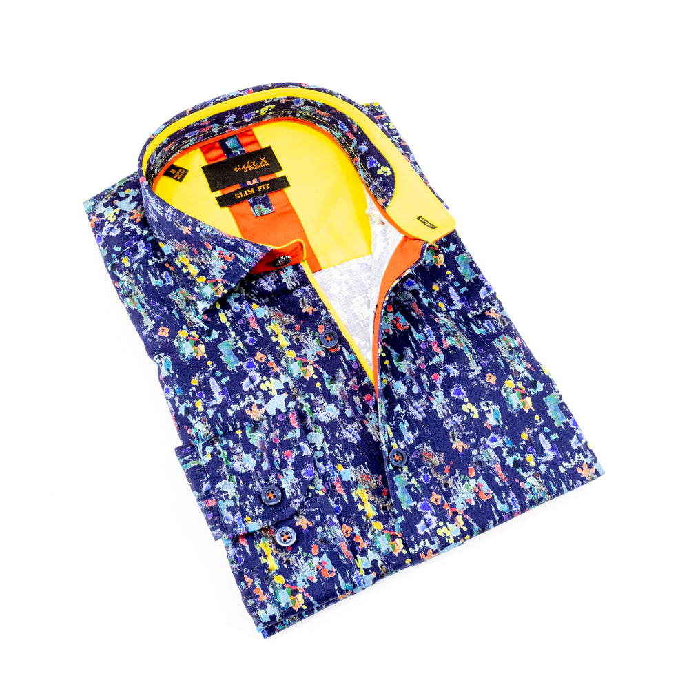 Folded navy-blue button up with multi-color abstract print, Features yellow trim. 